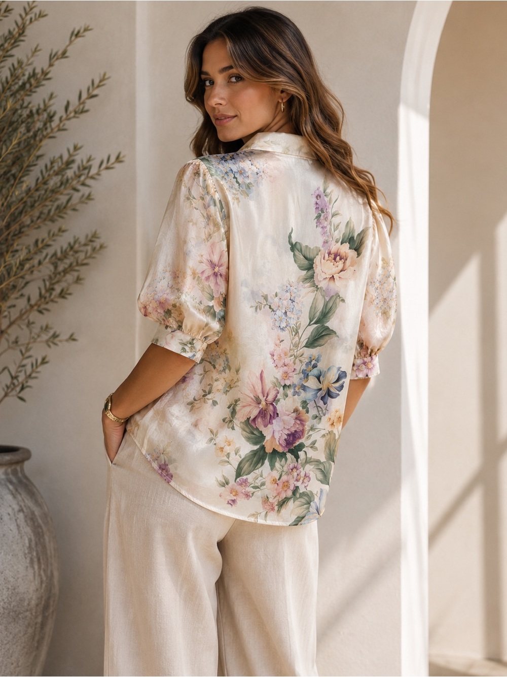 LUCKY & COCO FLORAL SHEER BUTTON FRONT BLOUSE
